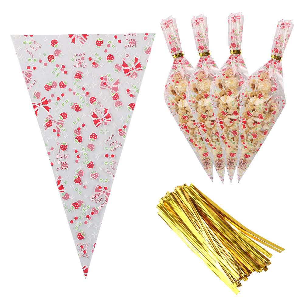 Transparent Cone Bags Cello Bags Sweet Clear Treat Bags with 100 Pieces Twist Ties