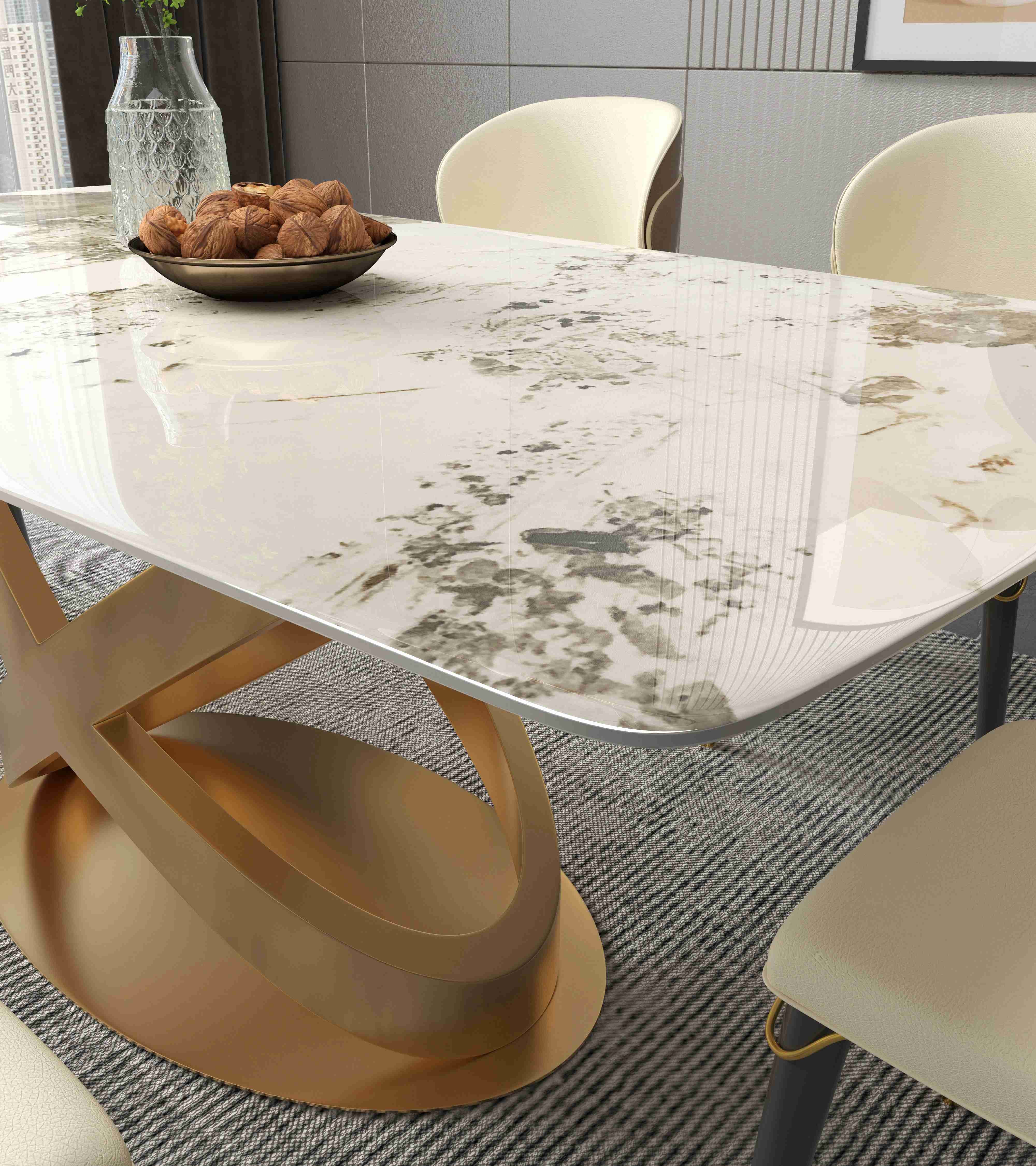 White Rectangular Stone Dining Table Chair Sets Bronze Pedestals