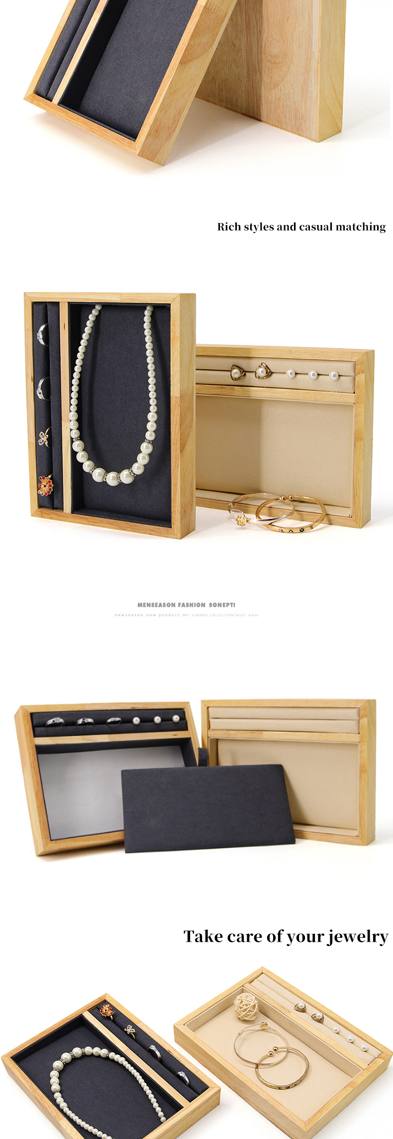 Solid Wooden Multi-Function Jewelry Display Holder Tray for Ring Pendant Ear Stud