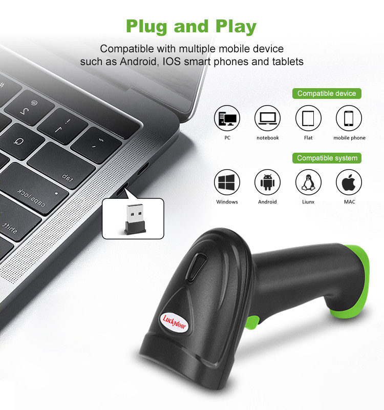 2D CMOS Handheld Barcode Scanner Wireless 2.4G Bluetooth Interface With Receiver