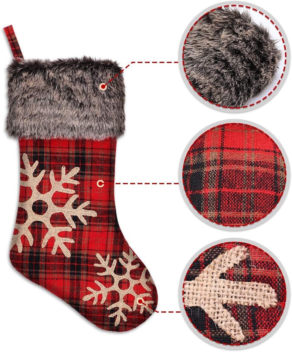 Christmas Stockings Burlap with Large Plaid Snowflake and Plush Faux Fur Cuff Stockings for Family Holiday Party Decor