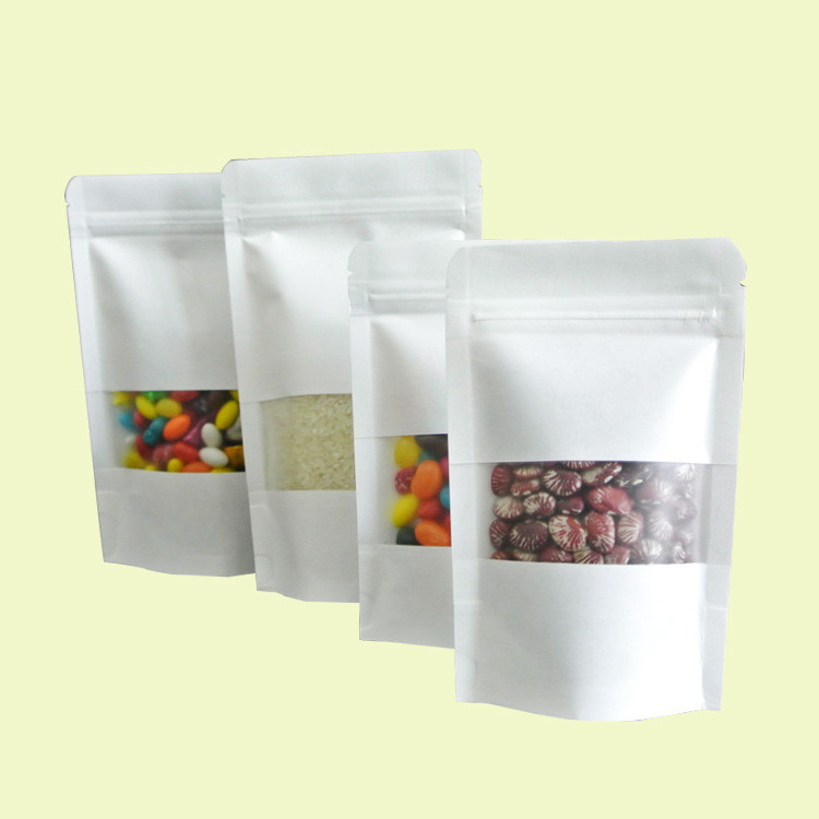 Custom Printed Stand Up White Kraft Paper Bag Pouches with Ziplock Rectangular Window for Food Snacks Candy Storage Pack