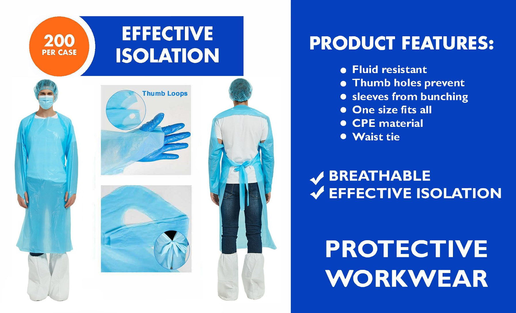 S&J Surgical Gown Doctor Disposable Hospital Uniform Medical Grade 510K CPE Isolation Gown with Thumb-Loop Long Sleeve Back Open