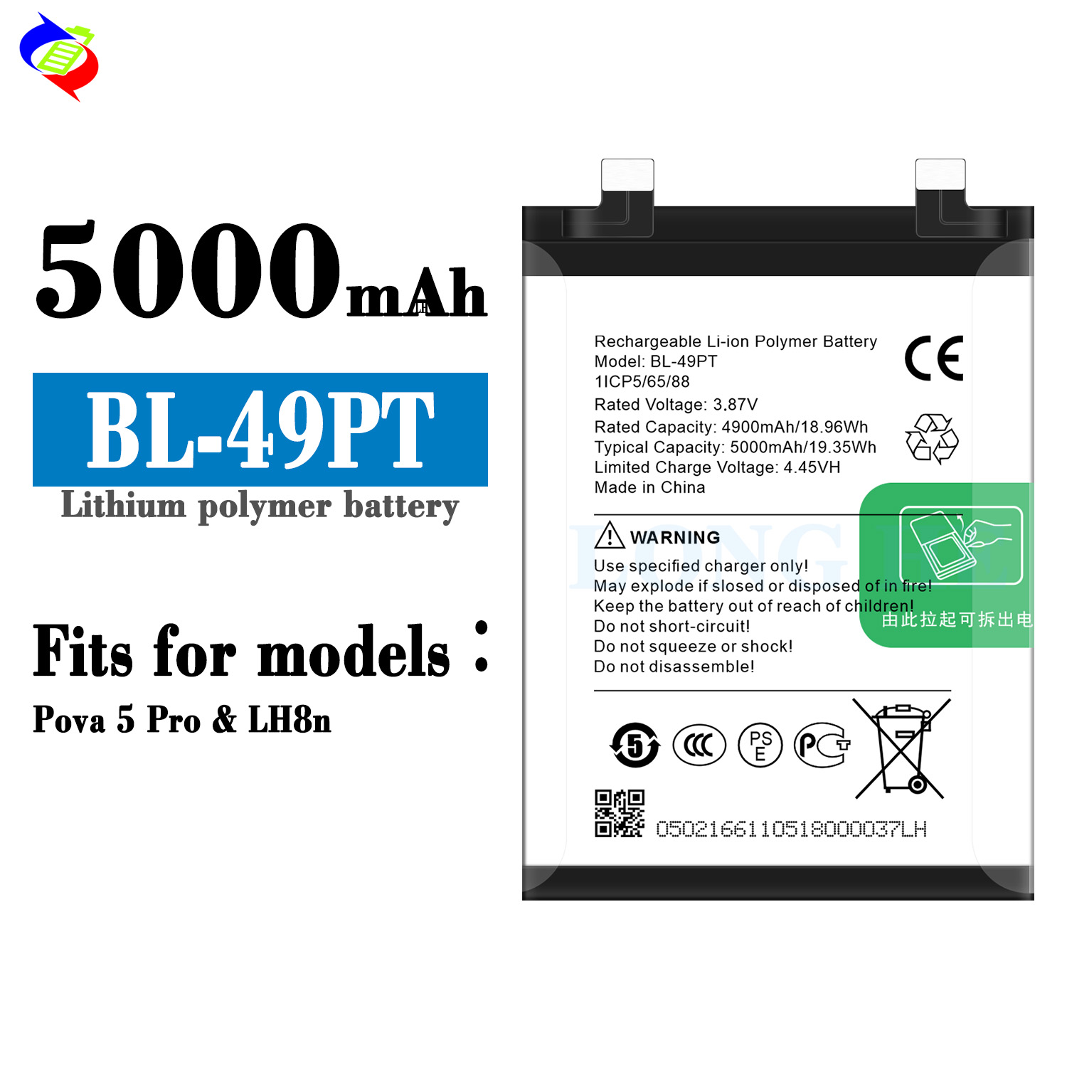 BL-49PT 3.87V 5000mAh Mobile Phone Battery For Tecno Pova 5 Pro Enhanced Battery Life