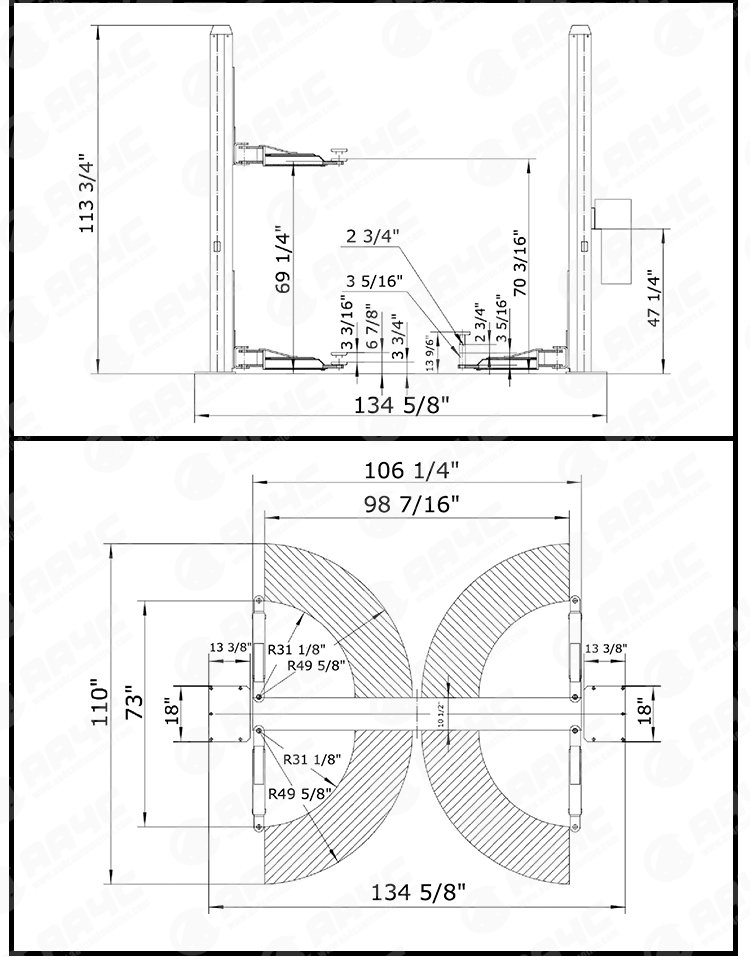 AA4C Hydraulic two post lift AA-2PFP45 floorplate version , 4.5T 8 fold profile column new carriage
