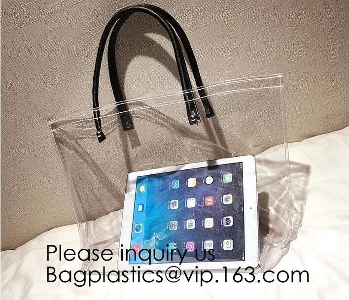 Waterproof All Over Printing PVC Coating Tote Shoulder Fabric Shopping Bag With Gusset And Lining,Jelly Clear Plastic PV