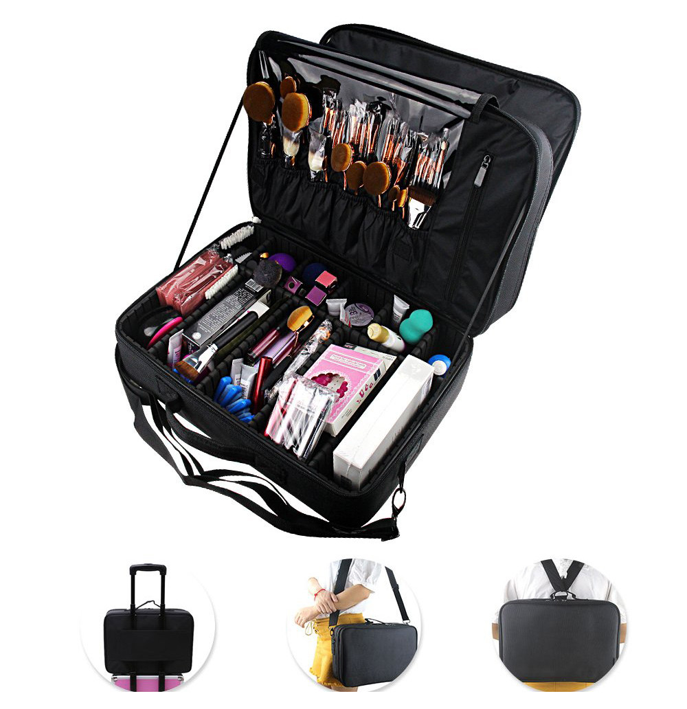 Adjustable Dividers Nylon Cosmetic Organizer Travel Case With Mirror