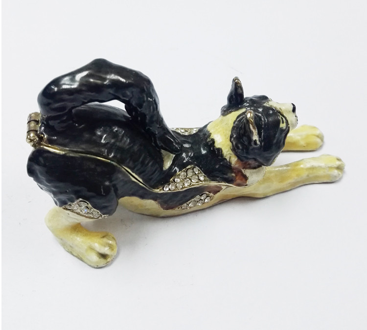 Cat trinket jewelry box metal cat figure bejeweled box cat enamel trinket box
