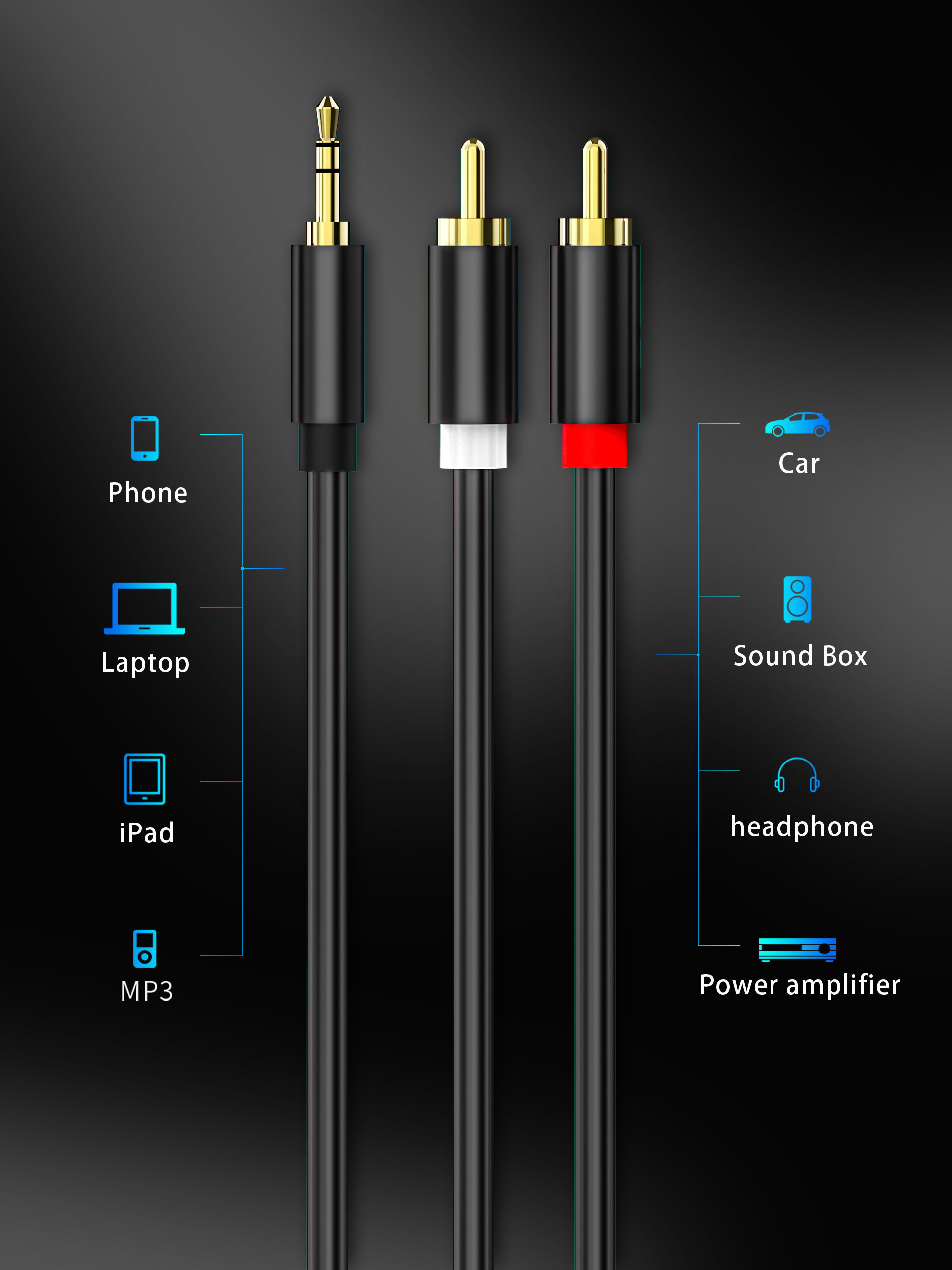 Smartphones 3.5mm To 2RCA Audio And Video Cable 24k Gold Plated