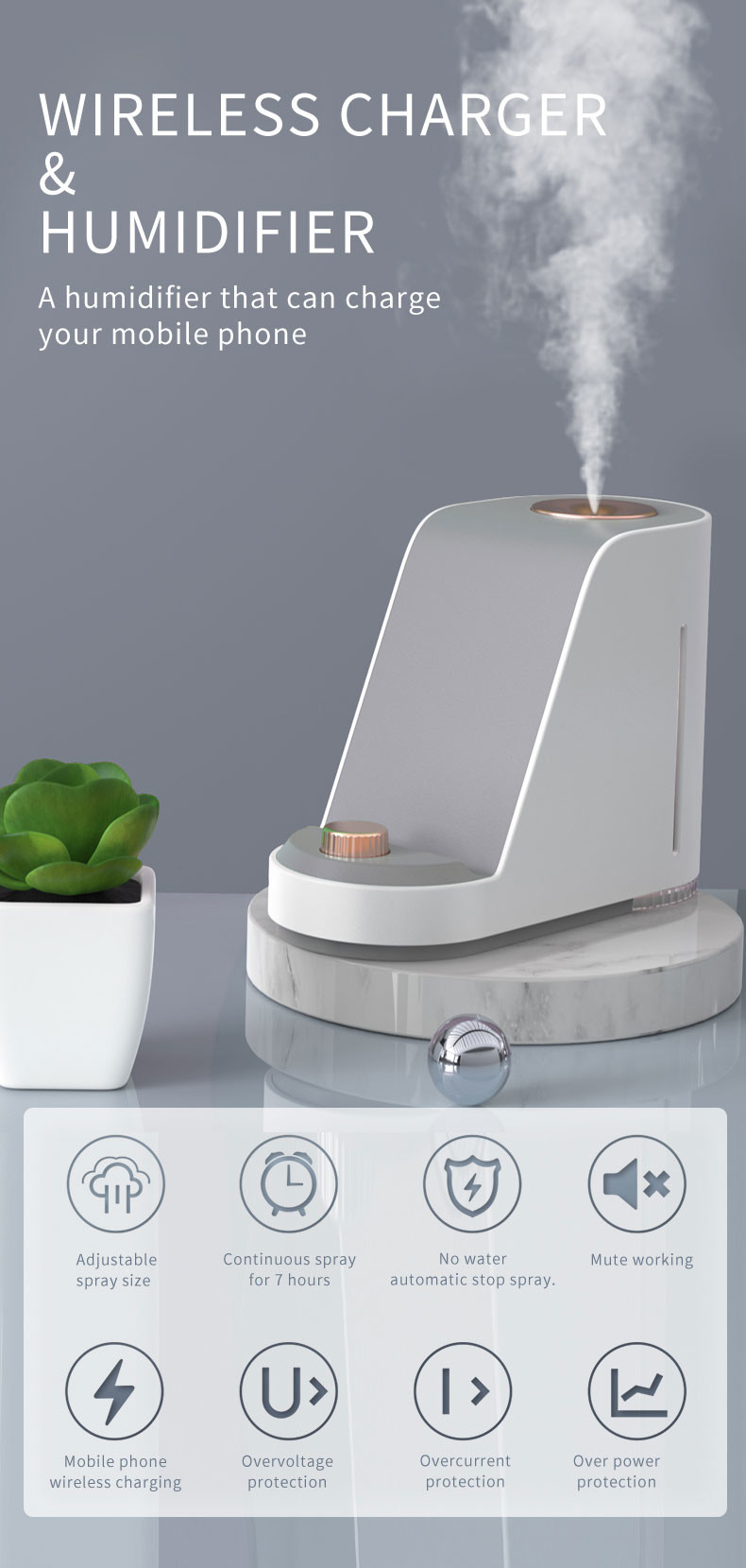 10W Wireless Charger Phone Holder Cool Mist Air USB Ultrasonic Humidifier
