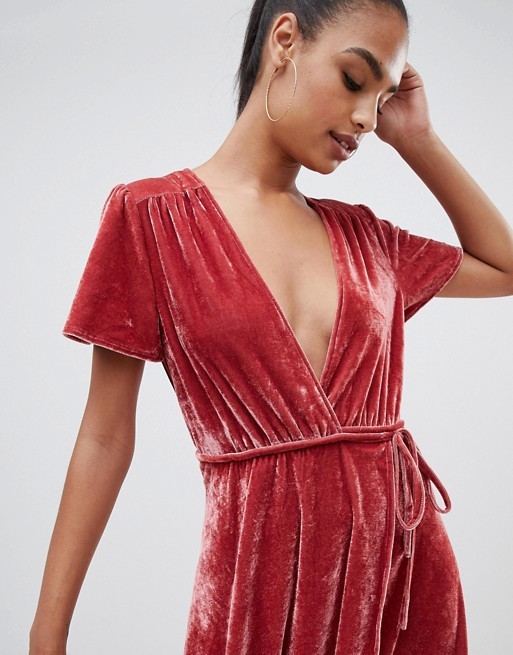 OEM short sleeve pink velvet wrap midi dress