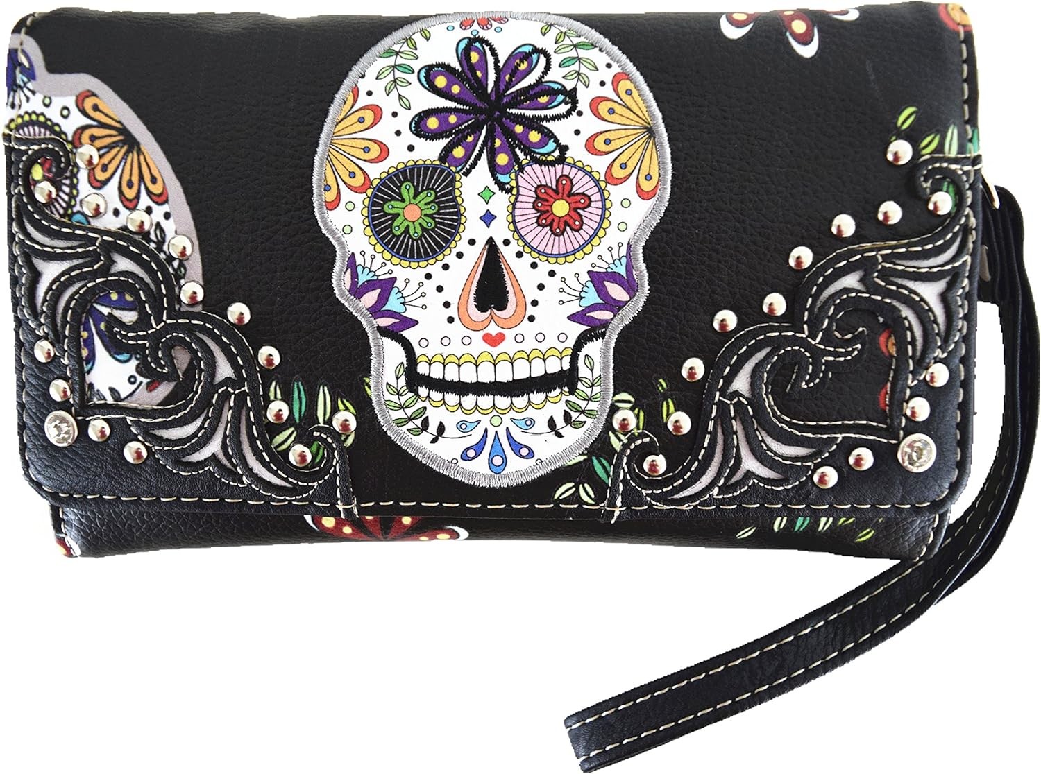 PUNK GOTHIC ROCK METALLIC SKULL DAY OF THE DEAD FLORAL SUGAR SKULL LEATHER PURSE WOMEN HANDBAG SHOULDER BAG WALLET SET