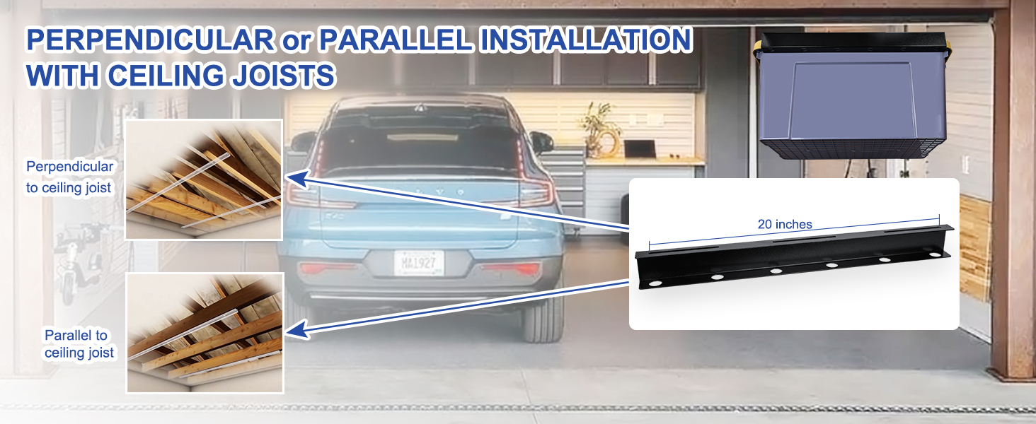 Adjustable Width Garage Storage Rack Ceiling Mount for Overhead Bins Wall Mounted Type