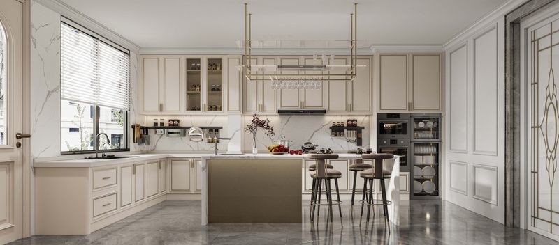 Chic Elegant Beige Modern Kitchen Cabinet With Opulent White Marble Stainless Steel