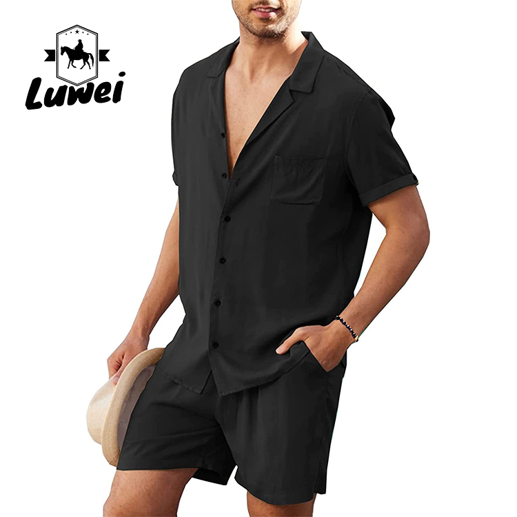 Summer Men Shorts Set Plain Flax Cotton Breathable Solid Color Two Piece Suit