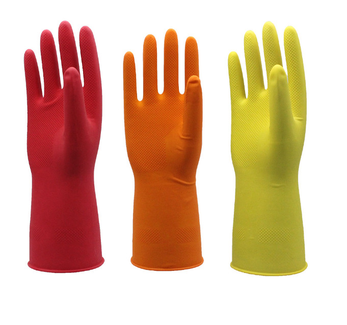 Natural Latex Dip Flocklined Household Cleaning Gloves Red Yellow Orange