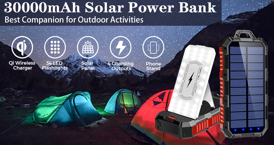 ABS PC Outdoor Wireless 30000mAh Solar Power Bank With Solar Panel
