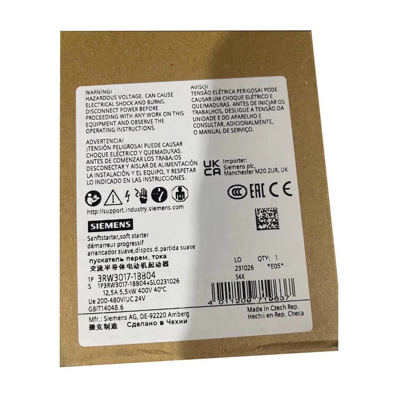 SIEMENS 3RW3017-1BB04 SIRIUS SOFT STARTER S00 12.5 A, 5.5 KW/400 V, 40 °C 200-480 V AC, 24 V AC/DC SCREW TERMINALS
