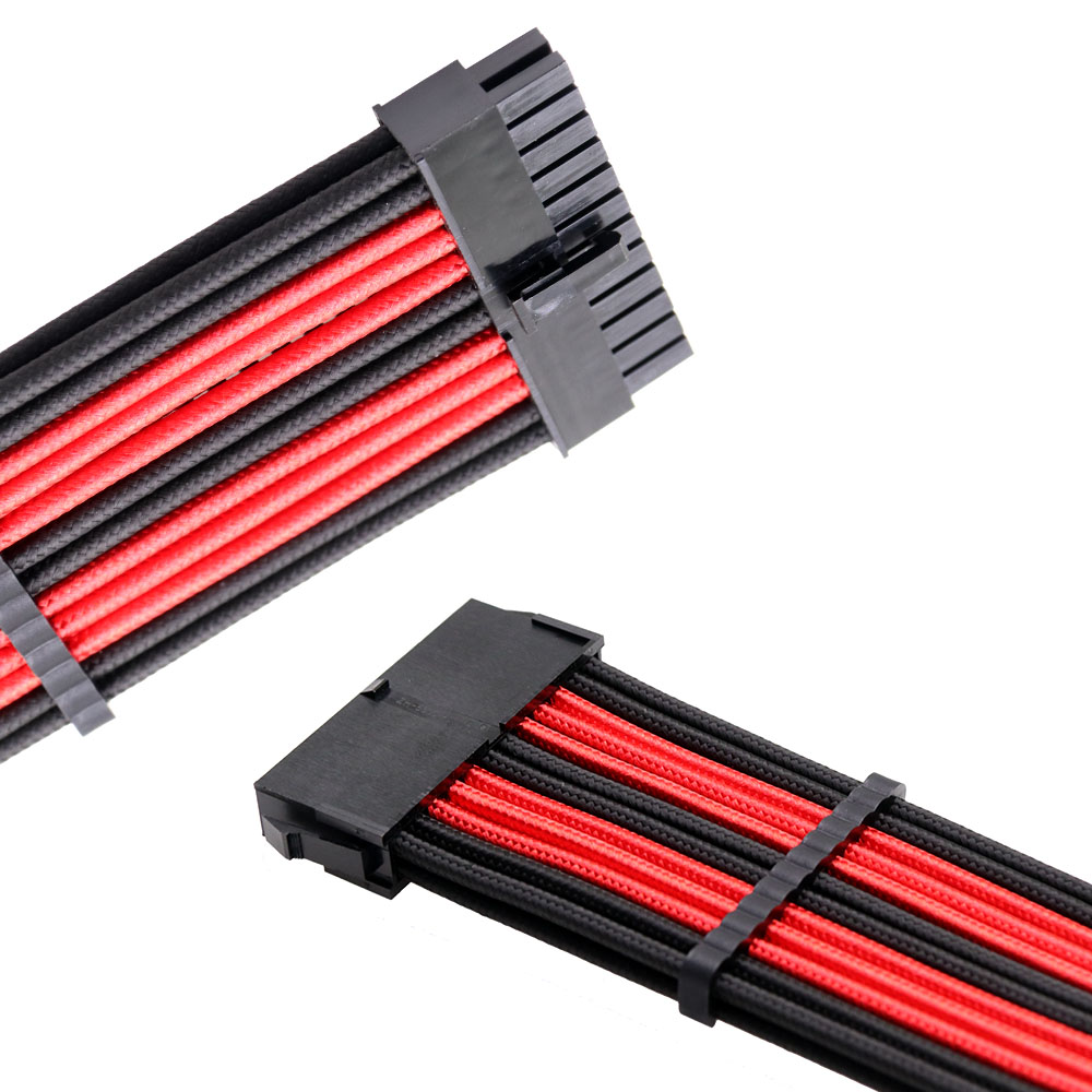 Power Supply Extension Cable ATX Braided Sleeved Extension Power Cable Kits 30cm Black Red