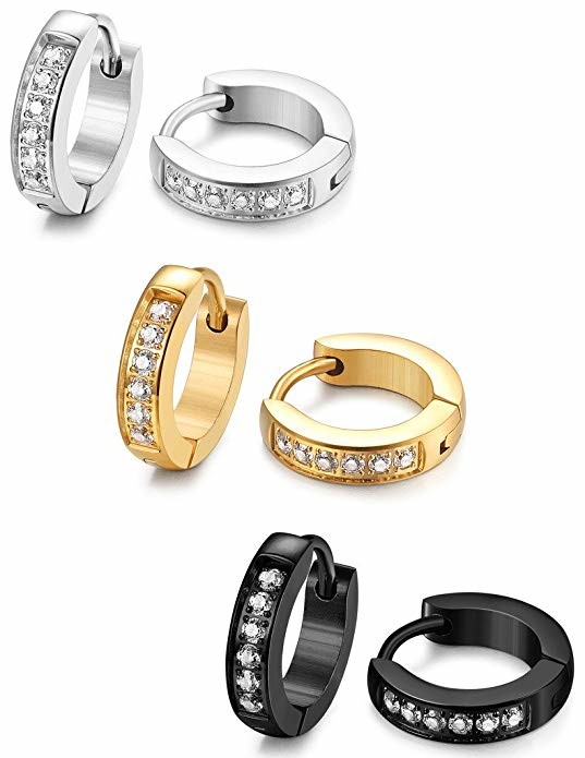 13MM Stainless Steel Small Hoop Earrings for Men Women Huggie Earrings CZ Inlaid