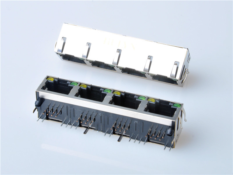 HULYN Very low profile, Shielded RJ45 Modular Jack, Through Hole Type, 1x4,with LEDs，