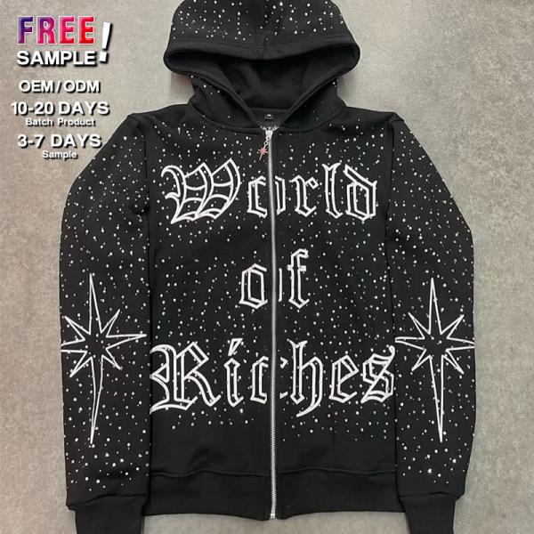 Quality No String Heavy Weight Streetwear Full Zip Hoodie Rhinestone  Silk Screen Printed Logo for sale