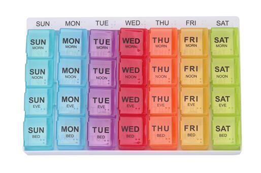 28 compartment column shape plastic pill storage box with pill crush box, Conventional eco-friendly 4 grids plastic trav