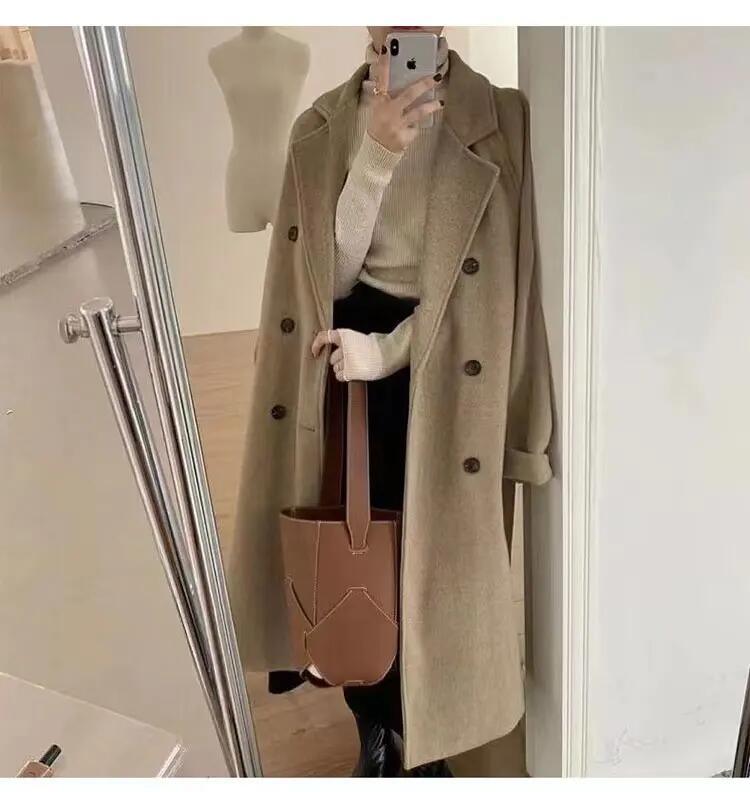 Fall and Winter Woman&prime;s Coats Ladies Jackets Woolen Solid Turn Down Collar Long Coats for Woman
