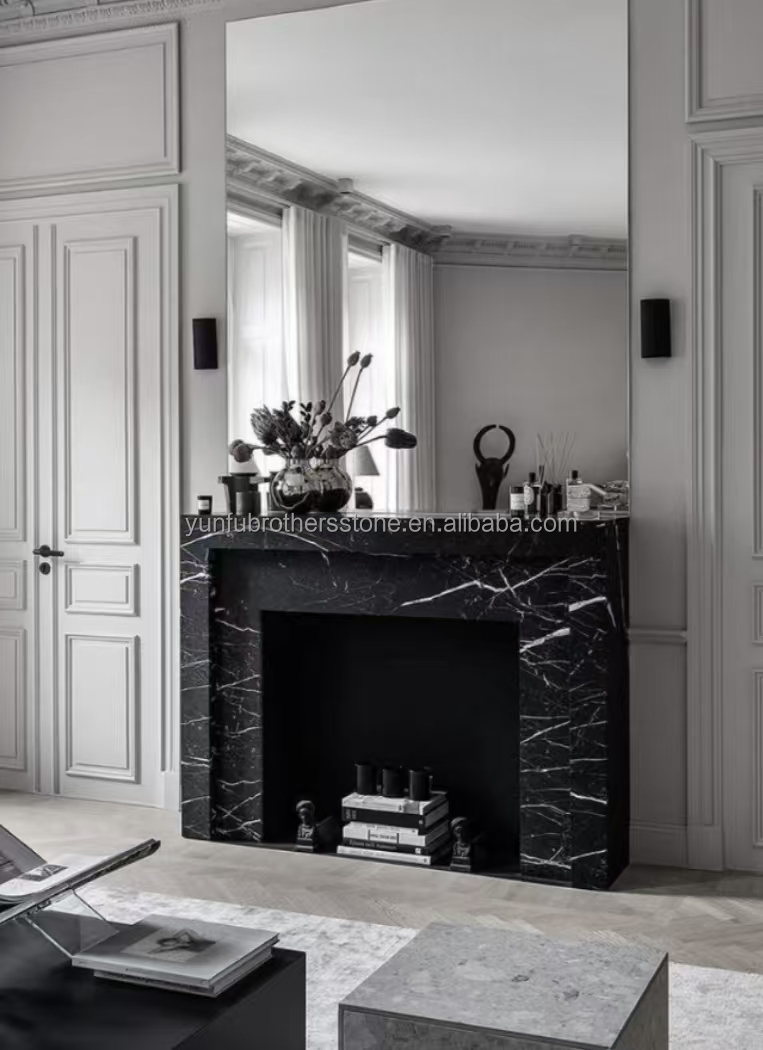Modern Black Marble Fireplace for Villa Living Room Decoration in European Style