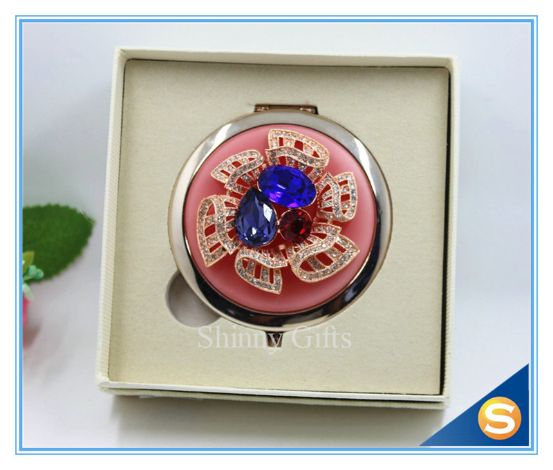 Shinny Gifts Luxury Crystal Cosmetic mirror Round Shape Metal Pocket Mirror