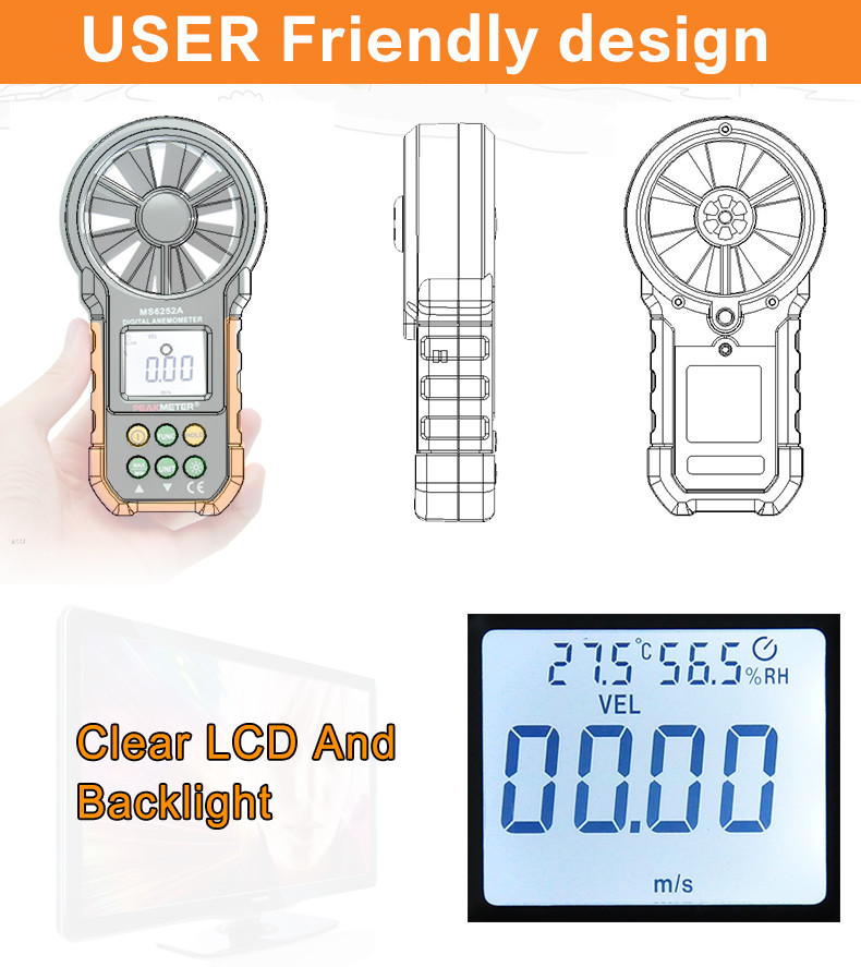 Backlight Digital Display Digital Wind Meter , Wind Measuring Device USB Port
