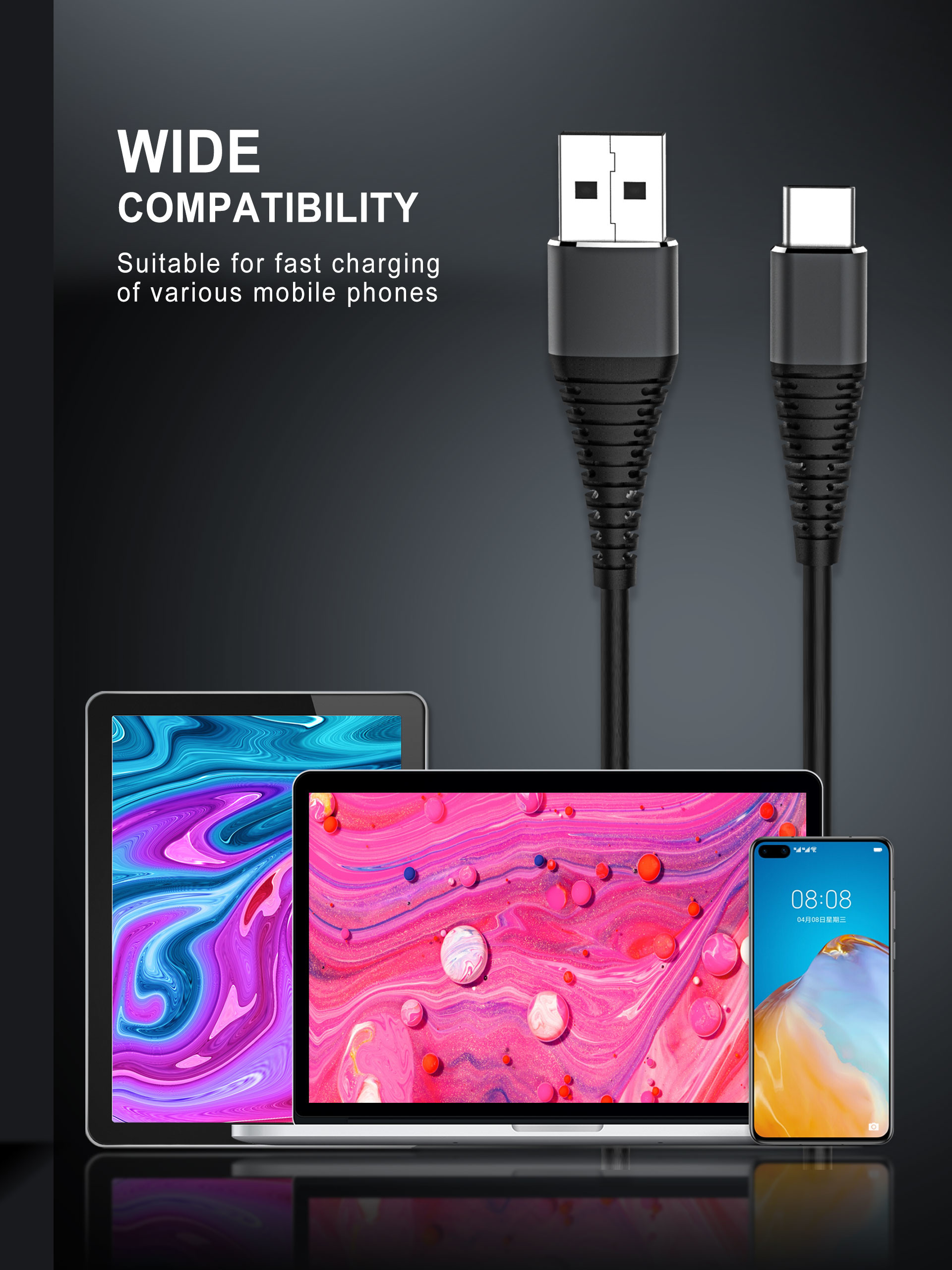 Nylon 3A 3Foot Black 2.0 USB Type C Charging Cable Black Color For LG G5