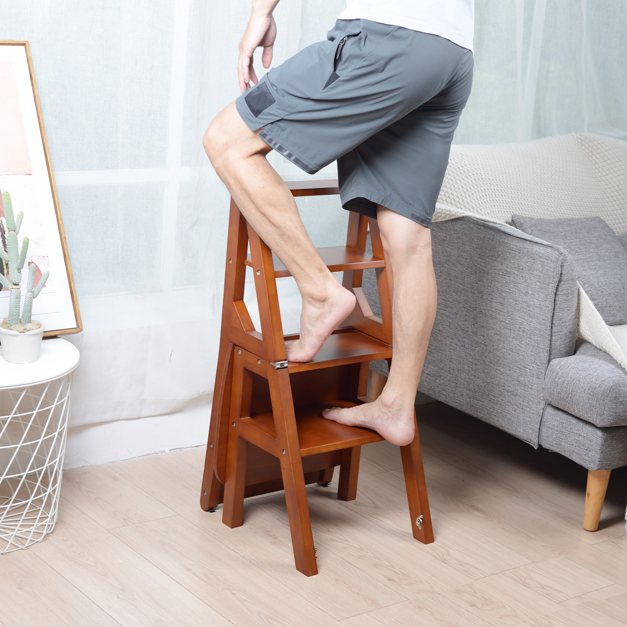 Ladder Back Wooden Folding Dining Chair Multi Functional Transformed Chair Ladder