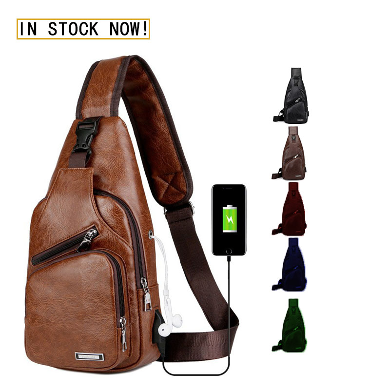 Usb Rechargeable Chest Bags PU Men's Casual Waterproof Multifunctional Chest Bag