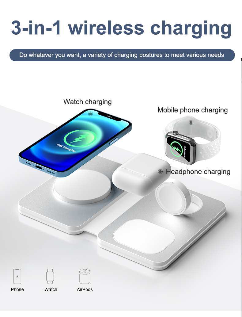 Smart Mobile Phone Wireless Charging Station 15W Fast Magnetic Wireless Foldable Charger