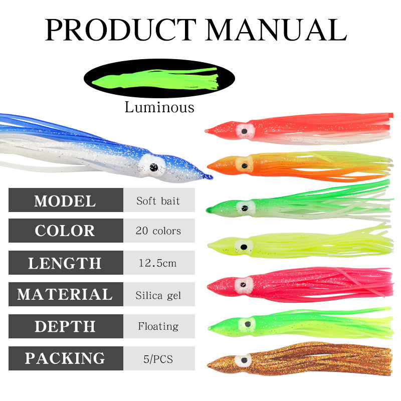 Squid Octopus Beard Soft Fishing Lures Bait Luminous 20 Colors 12.5cm 4.2g