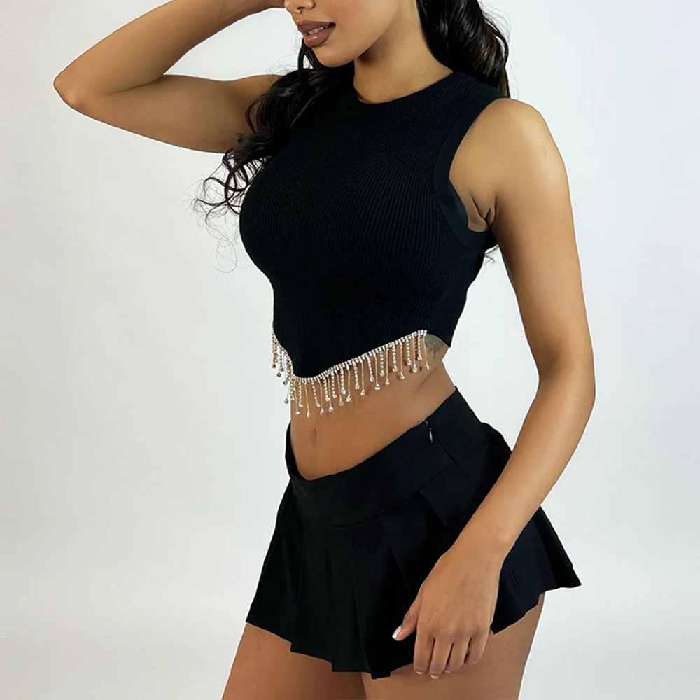 Women Casual Dress Sexy Crop Sleeveless Top With Metal Chain Fringe Vest Midi Dress