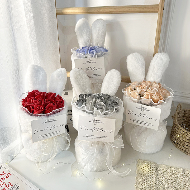 Rabbit Ears Plush Rose Hand Bouquet 20x35cm Size Multiple Color Choices for Chinese Valentine's Day and Teacher's Day