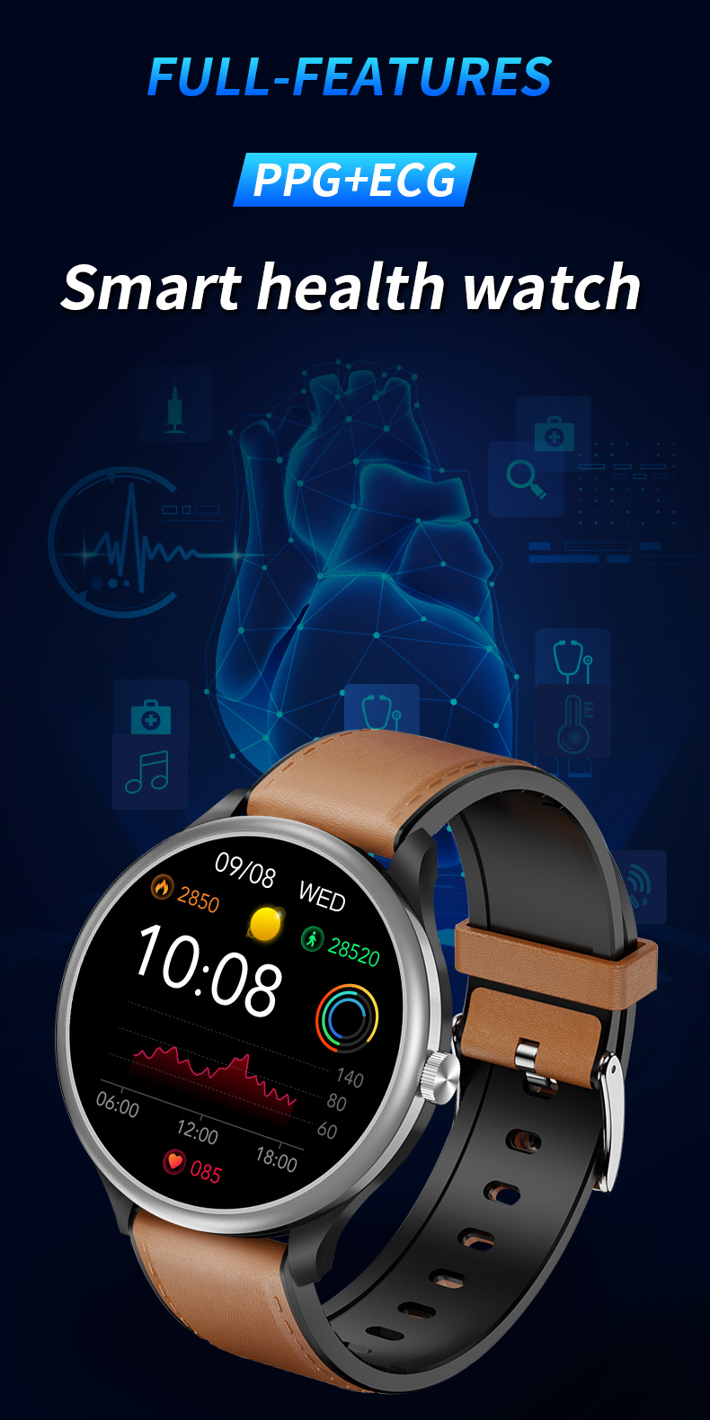 1.28 Inch Round Touch Screen ECG Smart Watch Wifi Music Control