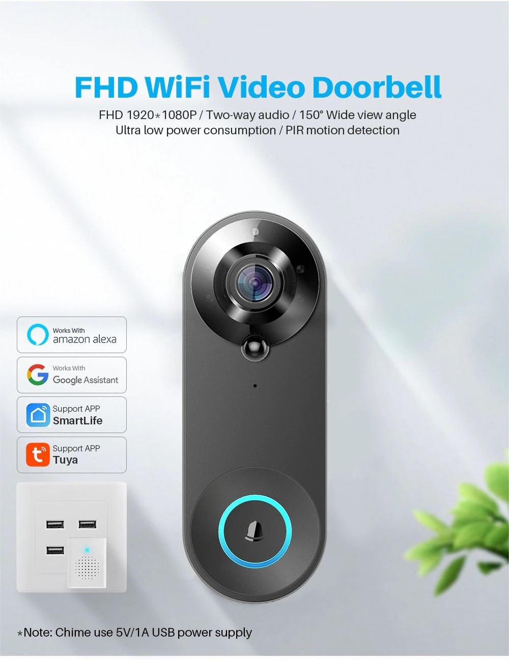 Waterproof 1080P Villa Video Intercom System Tuya App Support USB Chime Doorbell