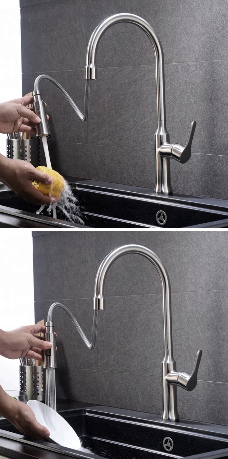 80cm Stainless Steel Kitchen Faucet White Single Handle Brushed Pull Out Mixer