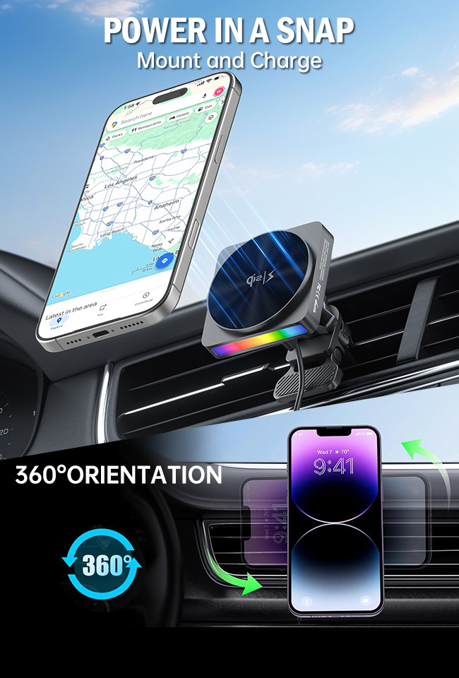 QI2 One-Piece Stretched All-Metal Design Car Magnetic Wireless Charger With 9 Light Colors And Projection Ambient Light