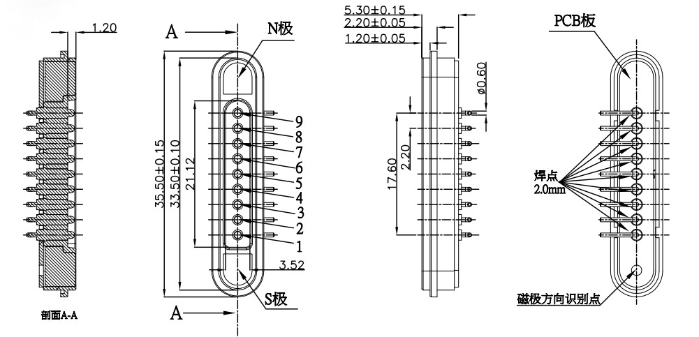 2.2mm Pitch Magnetic Connectors 9 Pin Magnetic Pogo Connector 5A Male Female