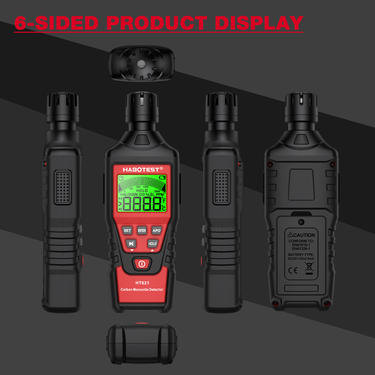 HT621 Carbon Monoxide Detector Alarm New Photoelectric Sensor Professional High Precision CO Gas Tester LCD Display