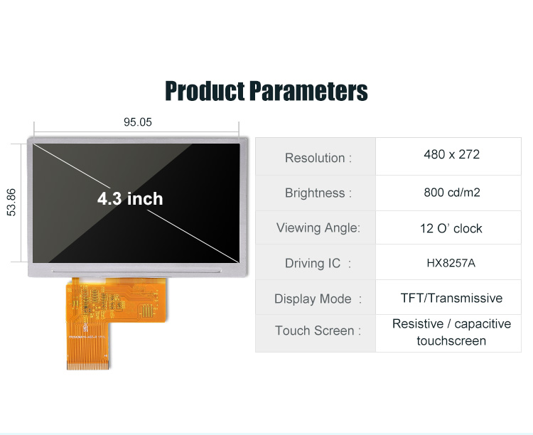 480x272 4.3 Inch Tft Lcd Display With Touchscreen 800nits Transmissive