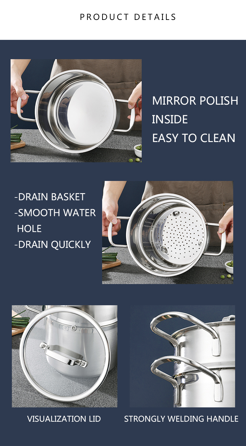 Home Cooking Stackable Steamer Pot Stainless Steel 22cm Soup Stock Pot