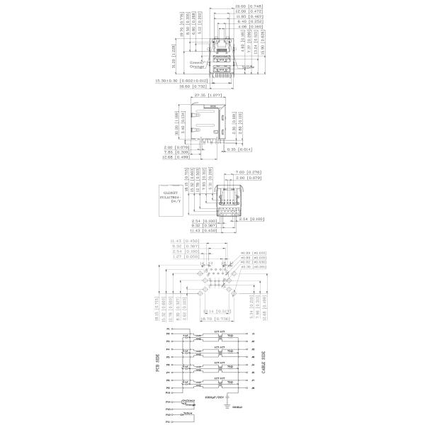 Magnetic Female RJ45 Multiple Port Connectors Through Hole Mount Type