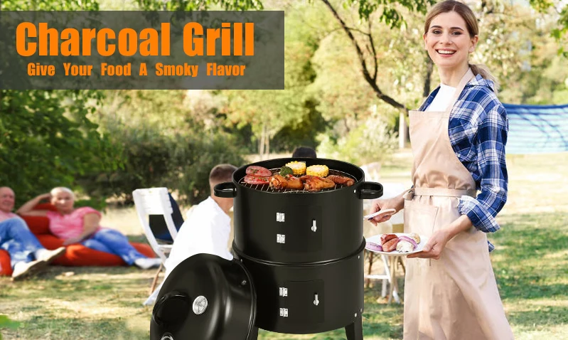 3-in-1 Heavy Duty Tower Charcoal Barbeque Grill Smoker for Outdoor Cooking Fun