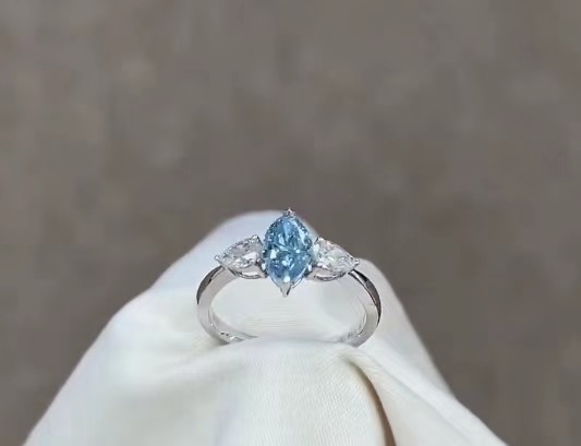 0.84ct Blue Marquise Lab Created CVD Diamond Ring VS Clarity 18k White Gold