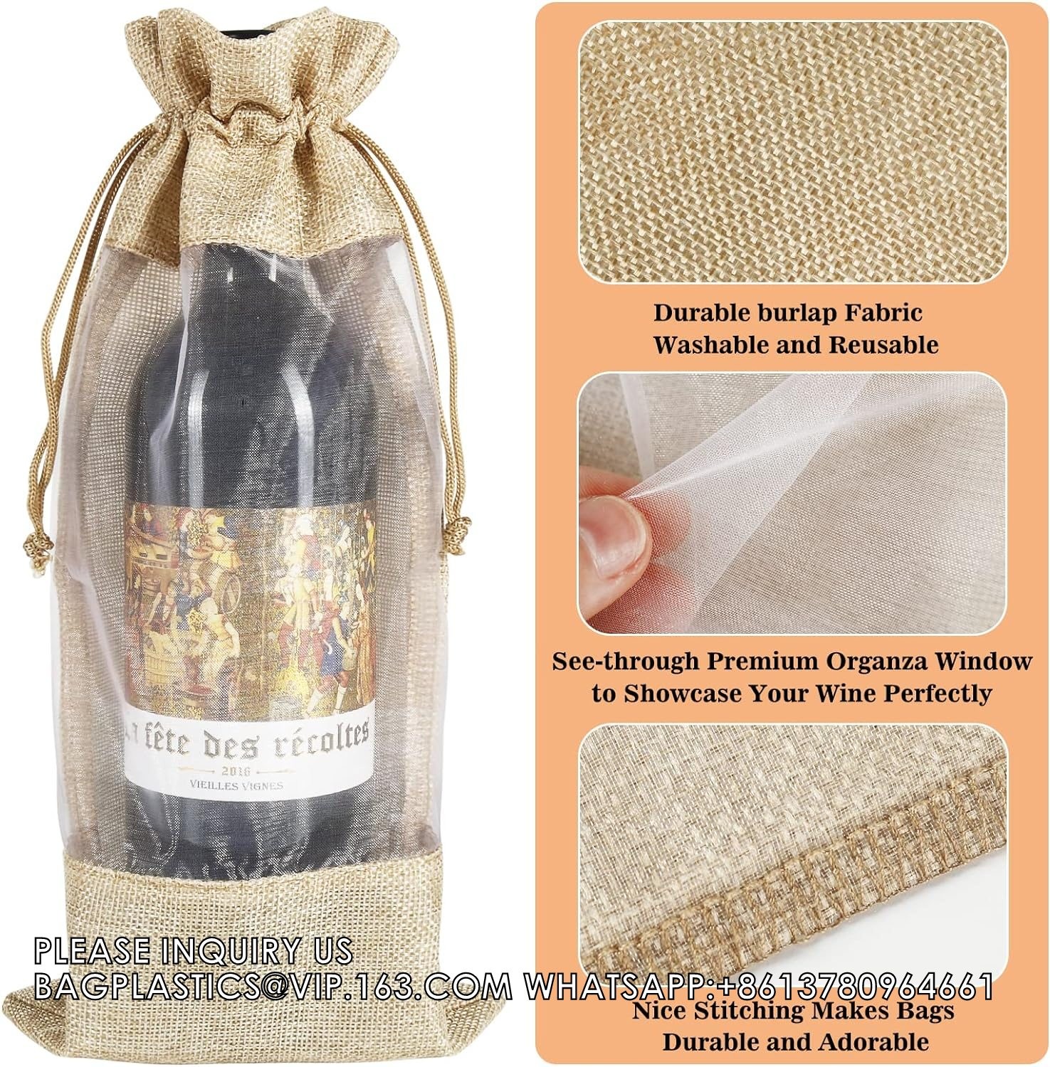 Burlap Wine Bags With Sheer Window, Hessian Cloth Bottle Gift Bags With Drawstring For Christmas Holiday Wedding Party